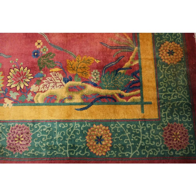 1920s Fuschia Floral Modern Antique Chinese Art Deco Rug 8'9" X 11'6" Handknotted Wool Carpet For Sale - Image 12 of 13