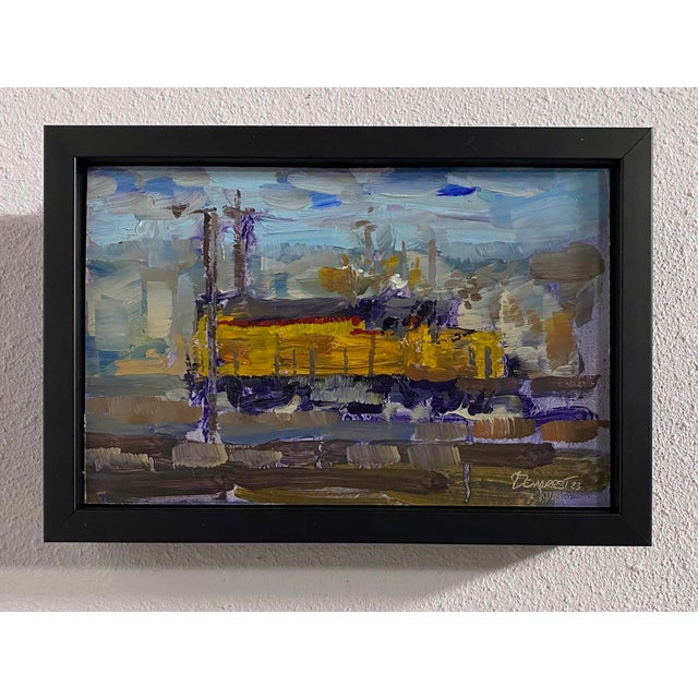 This oil on panel painting depicts a vibrant Union Pacific train, its bold yellow contrasting against a backdrop of soft...