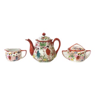 Japanese Porcelain Tea Coffee Set, Satsuma Art Nouveau Style, Mid-20th Century For Sale