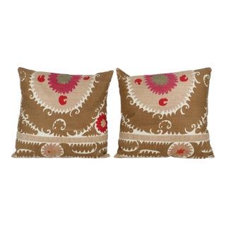 Uzbek Brown Embroidery Cushion Cover - a Pair For Sale