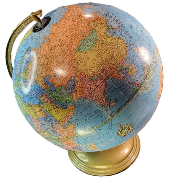 George F. Cram Company 12 World Globe Blue Ocean 12" Tabletop Globe, Champagne Base For Sale - Image 9 of 9