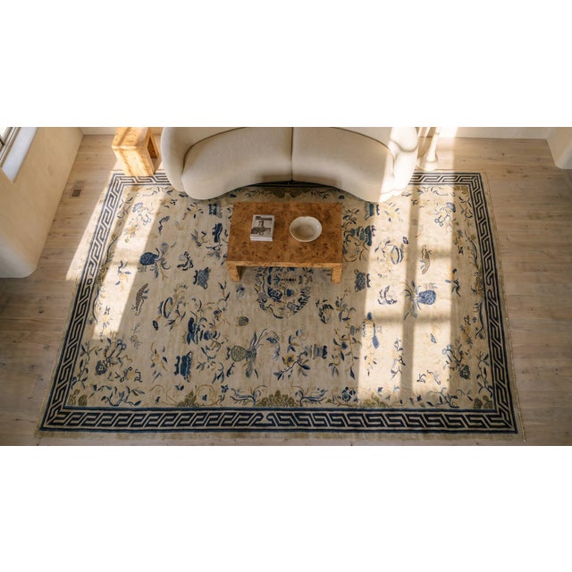 Beige 1890s Tan Beige Floral Vase Antique Chinese Peking Rug 8' 1" X 15' 6" Handknotted Wool Carpet For Sale - Image 8 of 9