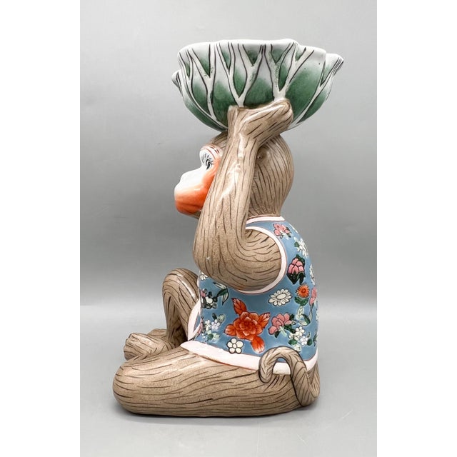 Vintage Ceramic Monkey With Bok Choy Bowl & Floral Vest — Chinoiserie / Hollywood Regency / Whimsical For Sale In Houston - Image 6 of 11