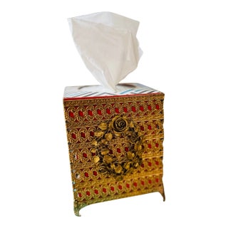 Midcentury Brass Tissue Box Holder With Floral Motif For Sale