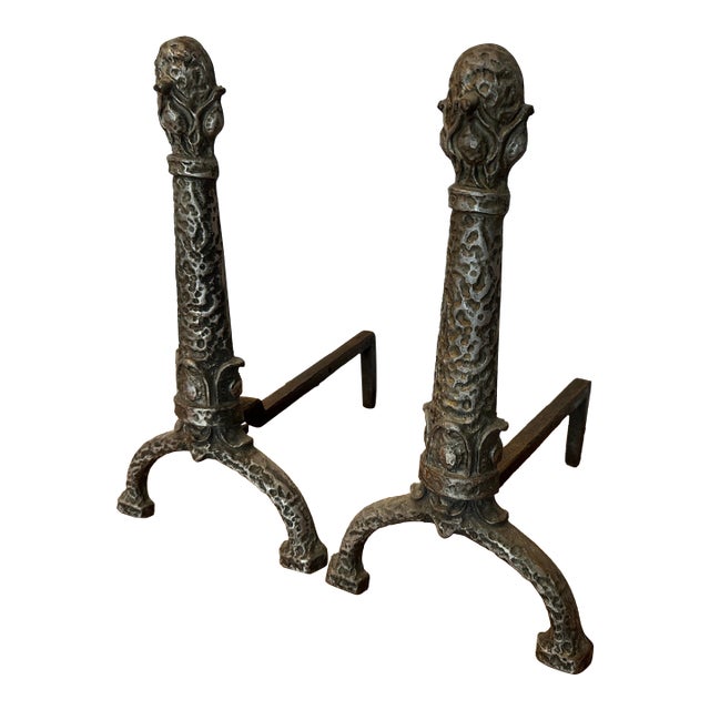 Antique Art Nouveau Cast Iron Andirons by Ohio F & M Co., Circa 1900–1920 For Sale