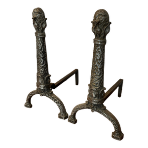 Antique Art Nouveau Cast Iron Andirons by Ohio F & M Co., Circa 1900–1920