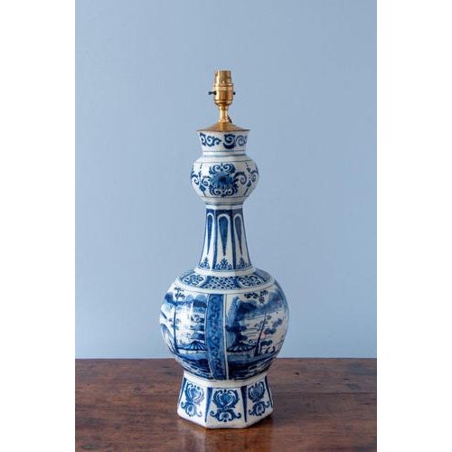 Dutch Blue and White Chinoiserie Garlic Neck Vase Lamp, 1700s For Sale - Image 11 of 14