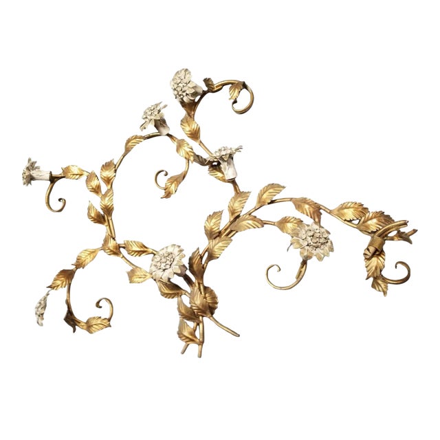 Mid Century Italian Tole Brass Floral Wall Sconce Sculpture For Sale