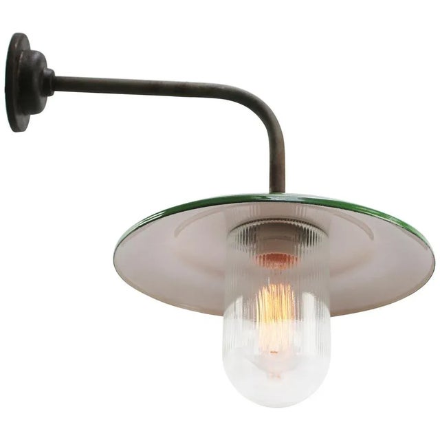 Mid-Century Modern Vintage Industrial Brass and Glass Wall Light in Green Enamel For Sale - Image 3 of 6