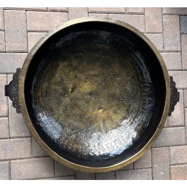 Metal Large Brass Vintage Etched Handcrafted Indian Urli Bowl (29 Inches Long and 20lbs) For Sale - Image 7 of 14