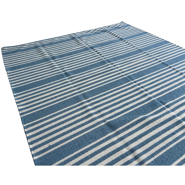 Not Yet Made - Made To Order Handmade Thick Woolen Flat Weave Rug, Sky Blue and White Striped Wool Rug - 8'x8' For Sale - Image 5 of 14