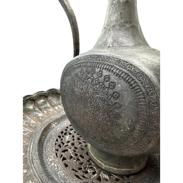 Stone Gray 19th Century Dated Persian Qajar Tinned Copper Ewer Ablution Basin Set, Dated 1878. For Sale - Image 8 of 18