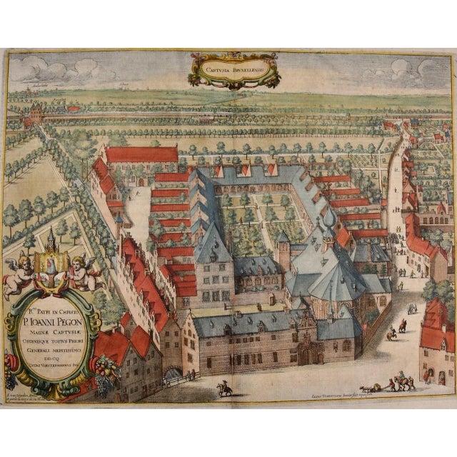 This is a 17th century hand-colored copperplate engraving entitled "Cartusia Bruxellensis" by Lucas Vorsterman, the...