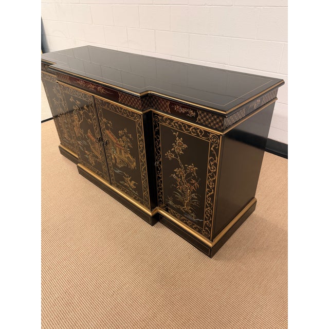 Paint Black Lacquer Hand Painted Chinoiserie Credenza From Drexel Heritage For Sale - Image 7 of 12