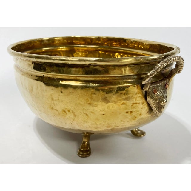 English Vintage Footed Hammered Brass Bowl W/ Lion Head Handles For Sale - Image 3 of 8