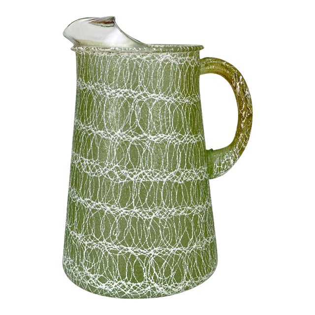 Mid-Century Atomic Avocado Green Spaghetti Drizzled Pitcher For Sale