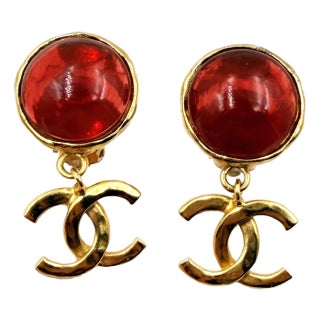 Chanel Vintage Gold Plated Red Stone CC Dangle Clip on Earrings, A Pair For Sale