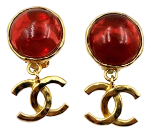 Chanel Vintage Gold Plated Red Stone CC Dangle Clip on Earrings, A Pair