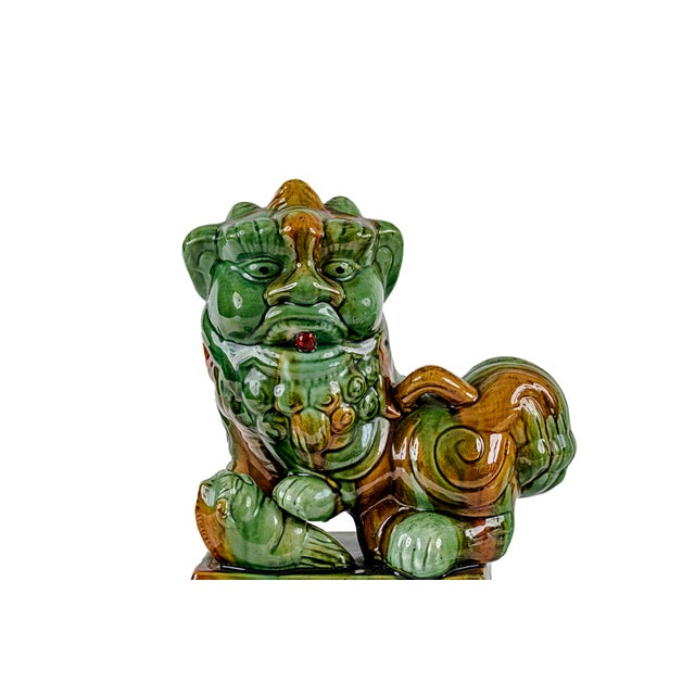 Rare Mid-Century Modern Chinese Ceremic Food Dogs in Vibrant Sancai-Style Green & Amber Drip Glaze For Sale - Image 10 of 12