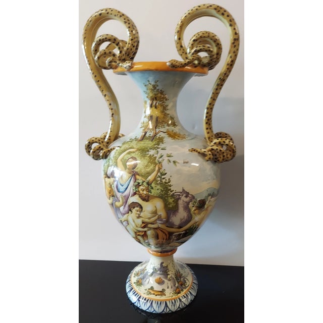 Ceramic Pair Of 1915 Capodimonte Urns With Snake Handles, Hand Painted For Sale - Image 7 of 8