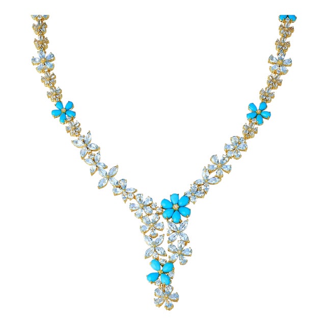 Nina Zhou Serenity Aquamarine Turquoise Diamond Statement Necklace in 14k Yellow Gold For Sale