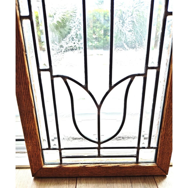 American American Clear Beveled and Chip Glass Zink and Oak Framed Stained Glass Panel For Sale - Image 3 of 4