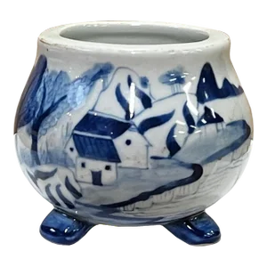 Small Chinese Blue White Porcelain Scenery Round Container Vase