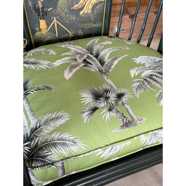 Chinoiserie Vintage Maitland-Smith Hand-Painted Chinoiserie Armchair With Custom Palm Cushion For Sale - Image 3 of 12