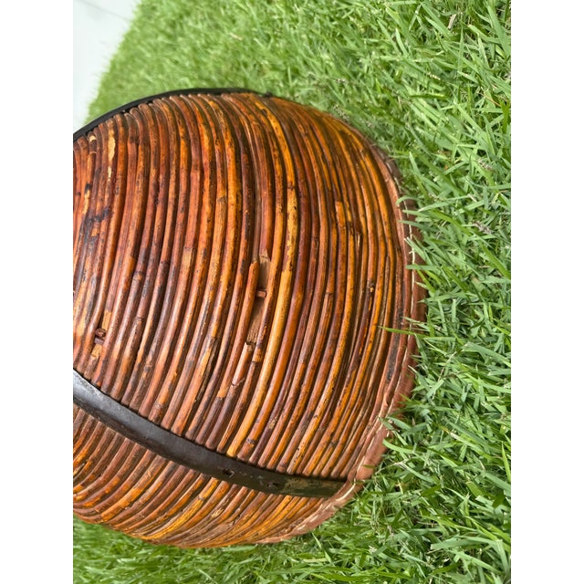Vintage 17.5” Handmade Primitive Pencil Rattan Basket With Leather Rim For Sale - Image 11 of 12
