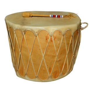 Set of 2, 1970s Native American Style Pow Pow Taos Pueblo Rawhide / Skin & Wood Large Round Drum & Mallet For Sale