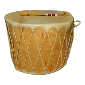 Set of 2, 1970s Native American Style Pow Pow Taos Pueblo Rawhide / Skin & Wood Large Round Drum & Mallet