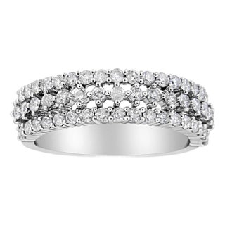 14K White Gold 1.0 Cttw Prong Set Round Diamond Split Shank Three Row Band Ring (H-I Color, I2-I3 Clarity) - Size 6.5 For Sale