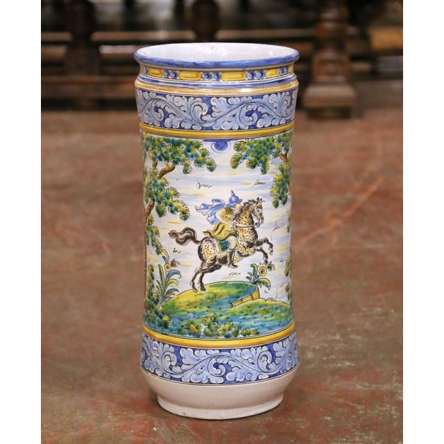Ceramic Mid-Century Italian Hand-Painted Majolica Umbrella Stand With Hunt Scene For Sale - Image 7 of 14