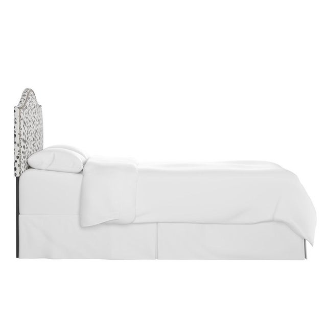 Contemporary King Camelback Headboard in Linen Leopard Ink with Pewter Nails For Sale - Image 3 of 6