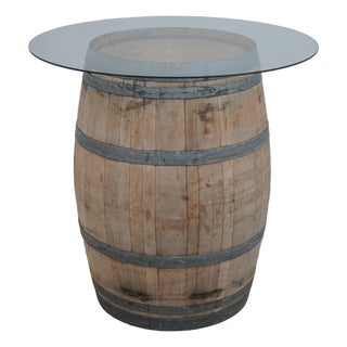 Vintage Oak Wine Barrel Table W. Glass Top For Sale