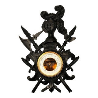 19th Century Medieval Revival French Wall Barometer With Knight's Helmet, Swords, and Heraldic Motifs For Sale