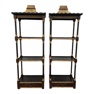 Mid 20th Century Pair of Chinoiserie Pagoda-Style Curio Shelves/Etageres With Drawers For Sale