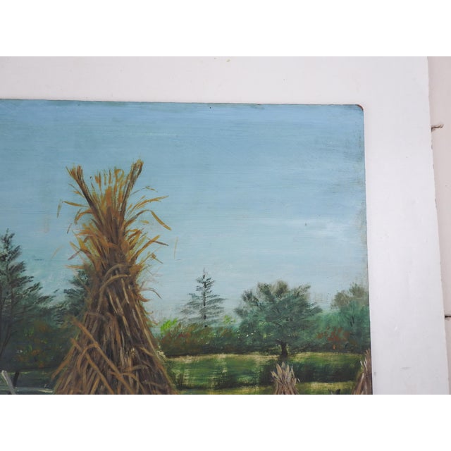 Vintage Folk Art Pumpkin Patch Landscape Painting For Sale - Image 4 of 7