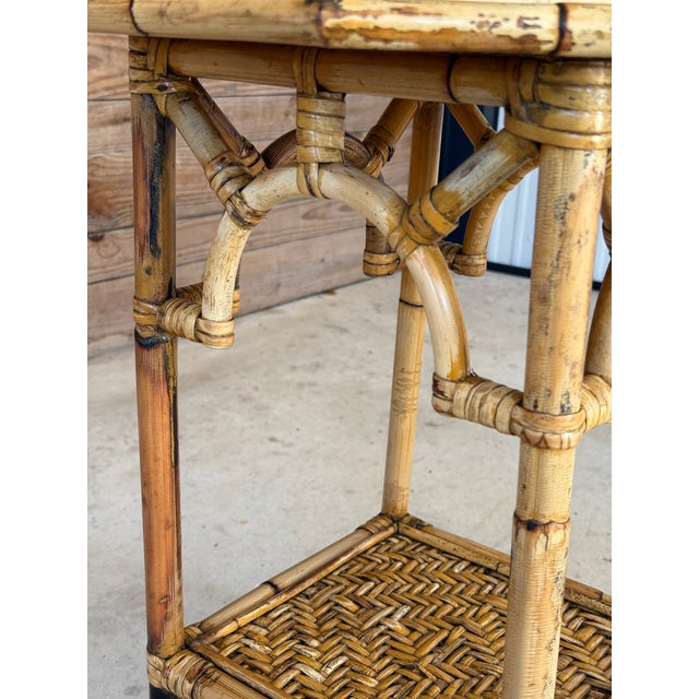 Boho Chic Vintage Coastal Rattan Fretwork Side Table With Woven Shelves For Sale - Image 3 of 12