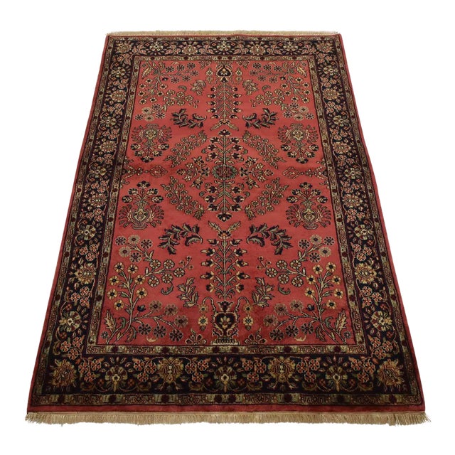 Fine Sarouk Rug 4’1” X 6′ Pink Wool Traditional Hand-Knotted Oriental Carpet For Sale