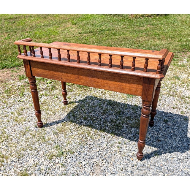 Wood Antique Railroad Depot Desk With Spindle Gallery Cherry and Ash Wood 1900s For Sale - Image 7 of 17