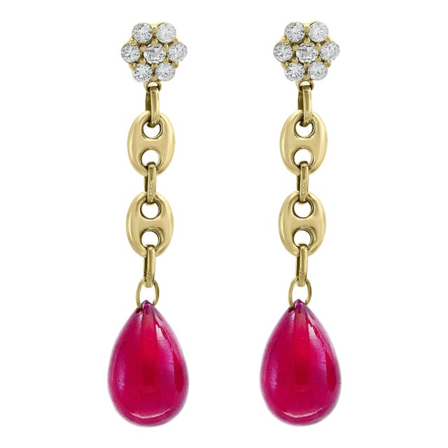 45 Carat Ruby Drop and Diamond Hanging/Chandelier Earrings 14 Karat Yellow Gold For Sale