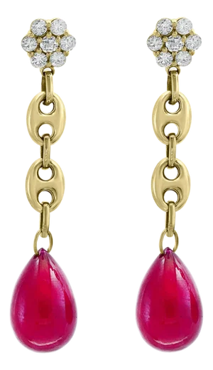 45 Carat Ruby Drop and Diamond Hanging/Chandelier Earrings 14 Karat Yellow Gold