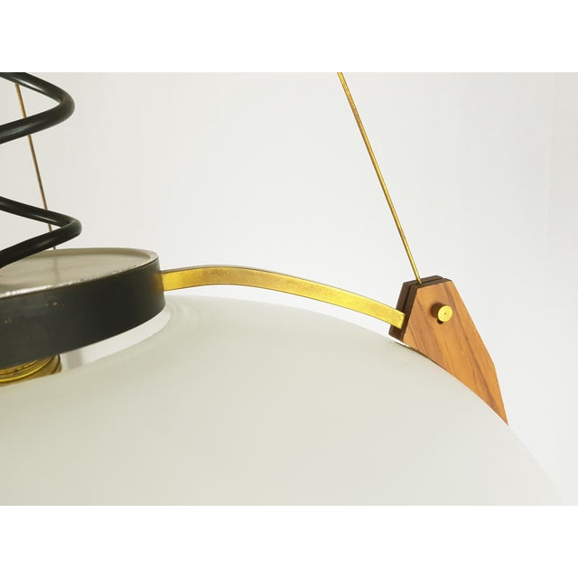 Italian Opaline Glass, Brass & Teak Pendant Lamp, 1950s For Sale - Image 9 of 12