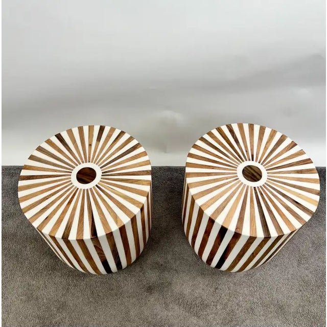 Art Deco Style Brown & White Cylindrical Walnut Resin End Table or Stool, a Pair For Sale - Image 4 of 12