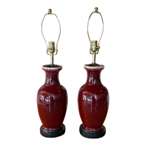 Vintage Pair of Porcelain Oxblood Red Flambe Chinoiserie Table Lamps Newly Wired