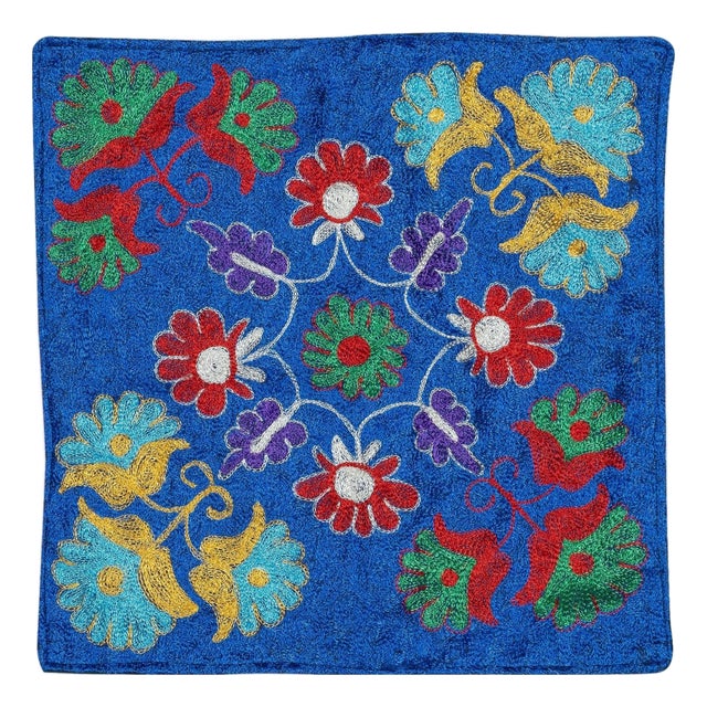 16"x16" Silk Embroidery Cushion Cover. Blue Pillowcase. Needlework Lace Pillow For Sale