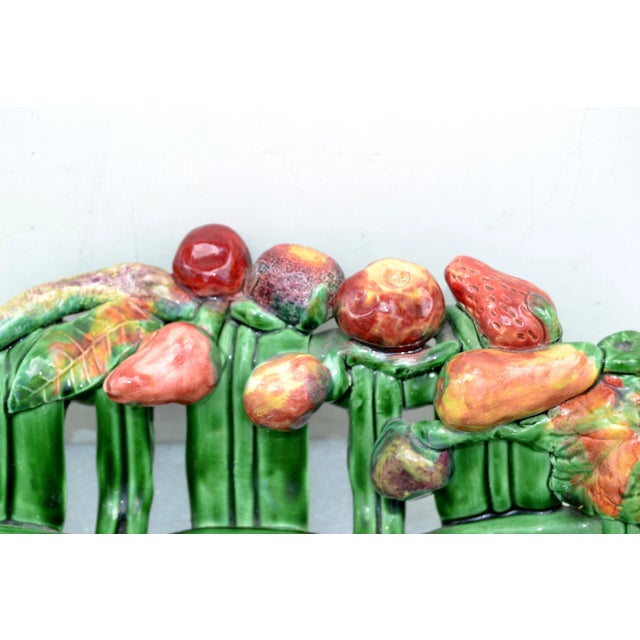 Green Vallauris France Glazed Woven Ceramic Basket Pink & Green Strawberry Pottery 70 For Sale - Image 8 of 13