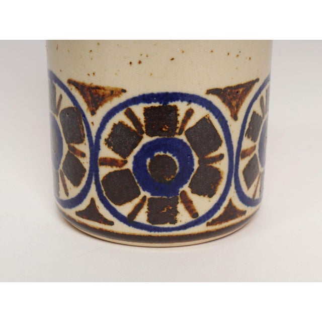 Beige Scandinavian Modern Stoneware Cylindrical Vase With Geometric Motif For Sale - Image 8 of 12