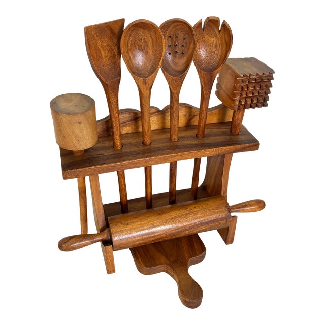 Late 20th Century Workshop-Made Wooden Utensils With Holder - 9 Pieces For Sale